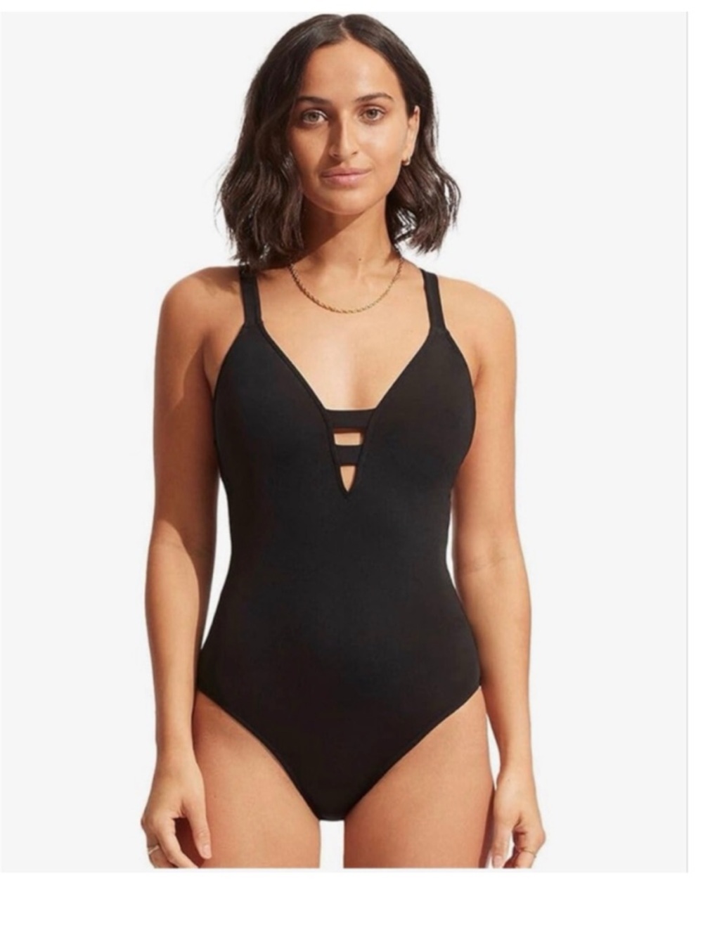 Seafolly Active Black Deep V Plunge Maillot One Piece Swimsuit Size US 6 New